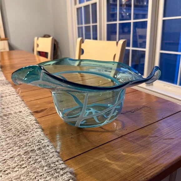 Handblown Aqua Blue Sombrero Freeform Abstract Art Glass Decorative Bowl